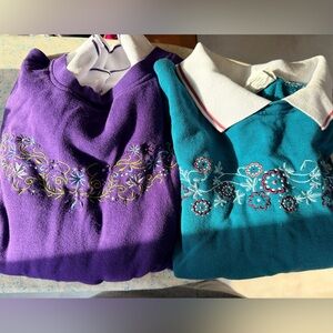 Two vintage embroidered grandmacore sweatshirts, teal and purple, women’s XL